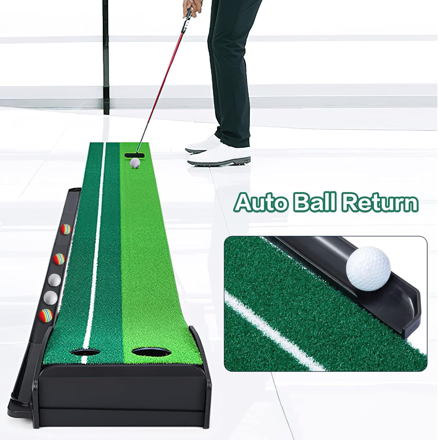 Putting Green Golf Putting Mat for Indoor, Putting Matt with Auto Ball Return, Mini Golf Set Golf Accessories for Men, Indoors Golf Matt for Home Office, Gifts for Golfer