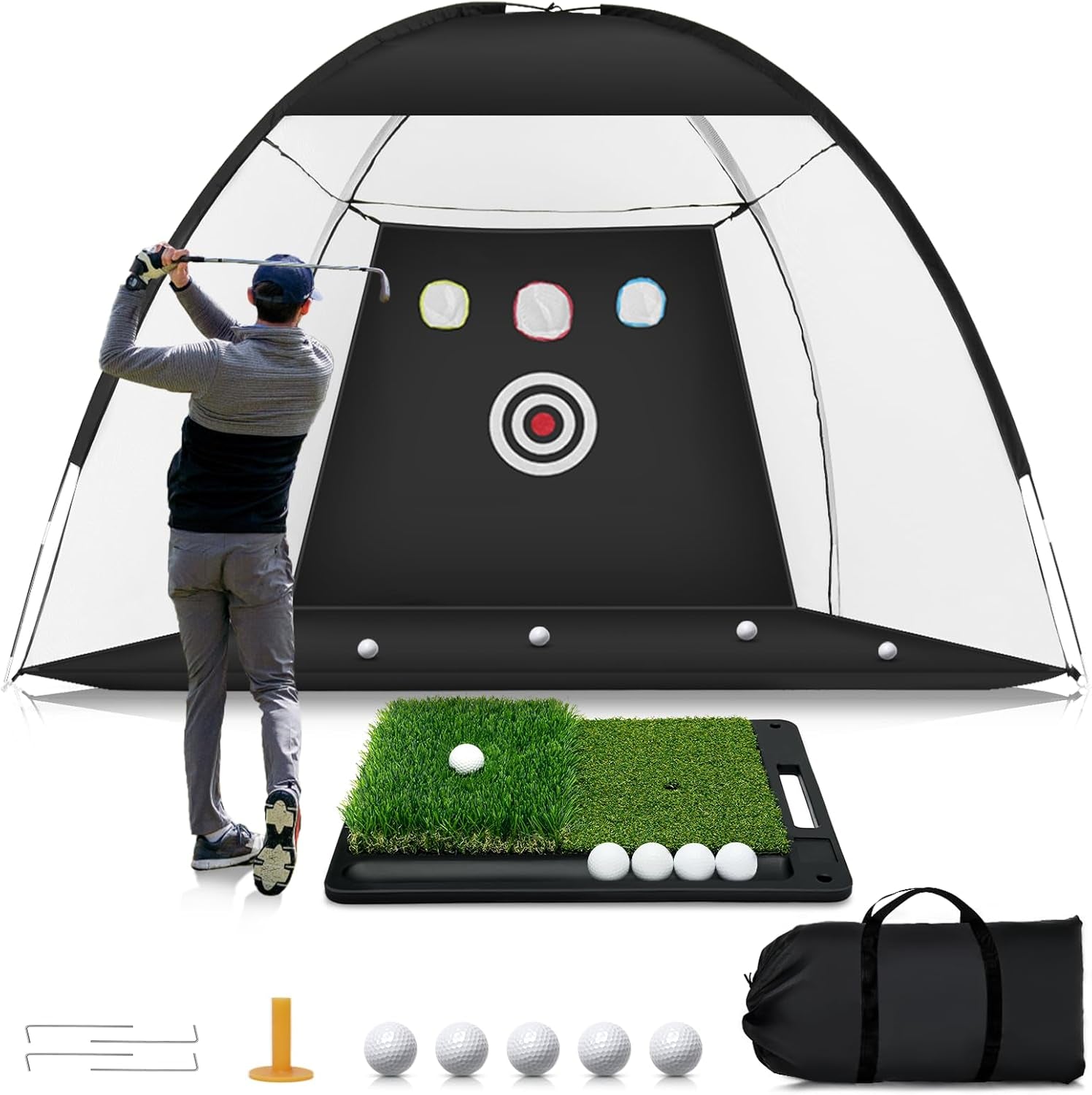 Golf Net: 10 X 7Ft Golf Practice Net with Heavy Base Dual-Turf Golf Mat, All-In-One Mult-Target Golf Hitting Net, Golf Chipping Training Nets for Backyard Driving, Outdoor & Indoor Golf Training Aid