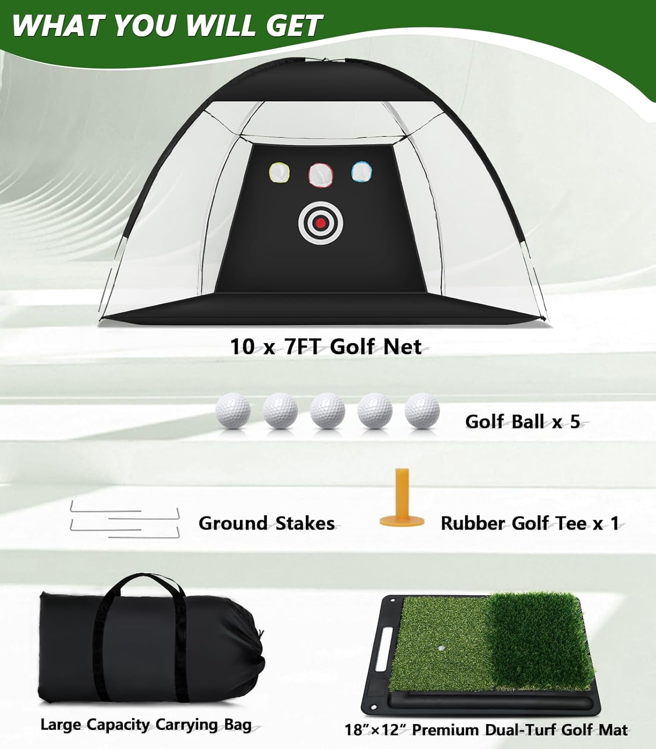 Golf Net: 10 X 7Ft Golf Practice Net with Heavy Base Dual-Turf Golf Mat, All-In-One Mult-Target Golf Hitting Net, Golf Chipping Training Nets for Backyard Driving, Outdoor & Indoor Golf Training Aid