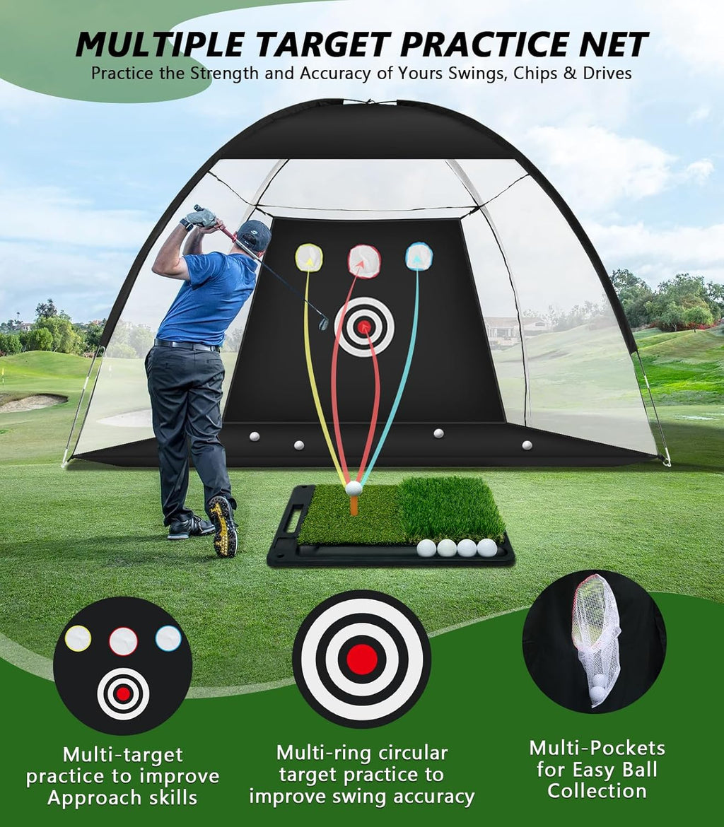 Golf Net: 10 X 7Ft Golf Practice Net with Heavy Base Dual-Turf Golf Mat, All-In-One Mult-Target Golf Hitting Net, Golf Chipping Training Nets for Backyard Driving, Outdoor & Indoor Golf Training Aid
