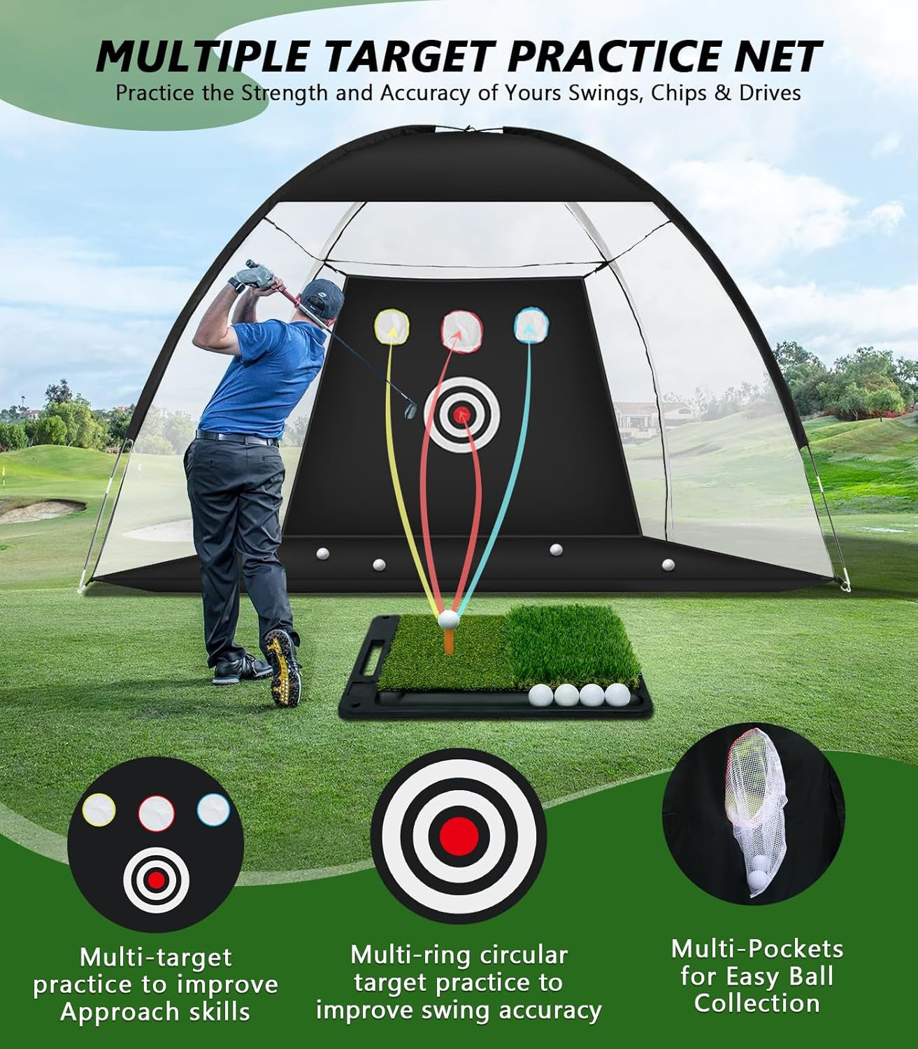 Golf Net: 10 X 7Ft Golf Practice Net with Heavy Base Dual-Turf Golf Mat, All-In-One Mult-Target Golf Hitting Net, Golf Chipping Training Nets for Backyard Driving, Outdoor & Indoor Golf Training Aid