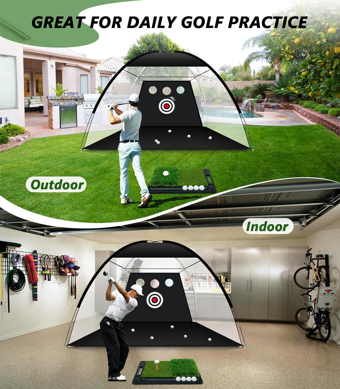 Golf Net: 10 X 7Ft Golf Practice Net with Heavy Base Dual-Turf Golf Mat, All-In-One Mult-Target Golf Hitting Net, Golf Chipping Training Nets for Backyard Driving, Outdoor & Indoor Golf Training Aid