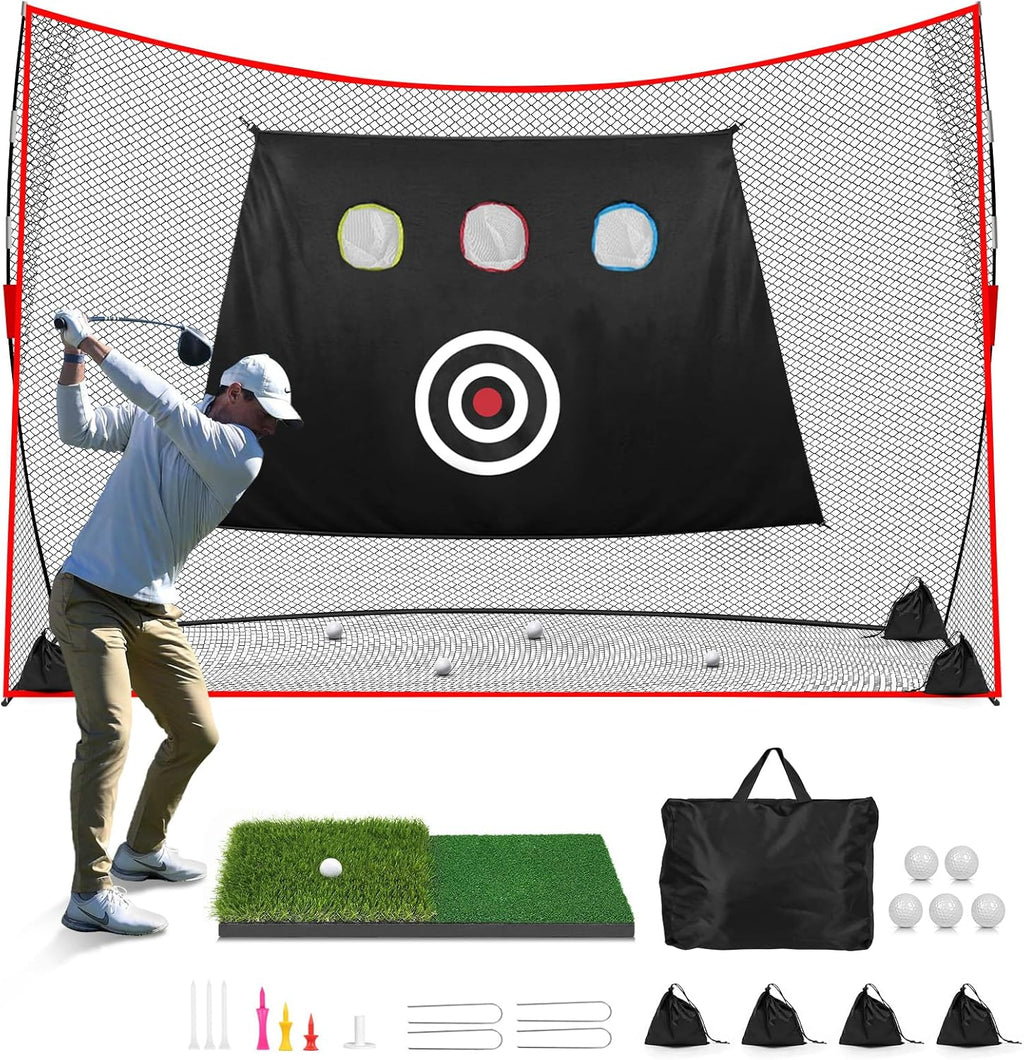 Golf Net: 10X7Ft Heavy Duty Golf Practice Hitting Net for Backyard Indoor Outdoor Training, with Dual-Turf Mat, Ideal Training Aid for Golfers Backyard Driving Chipping Swing
